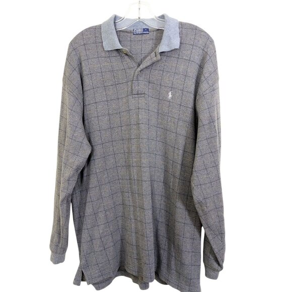 Polo Ralph Lauren Gray Windowpane Cotton Long Sleeve Preppy Mens Polo Shirt XL - Picture 2 of 5